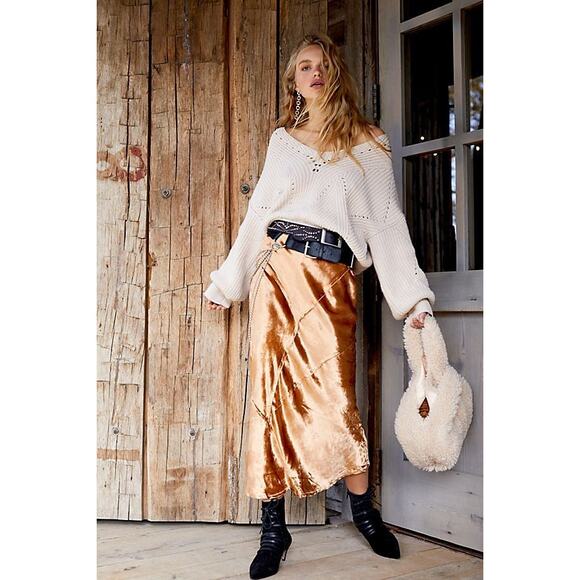 Free People Solid Serious Swagger Skirt Velvet Copper Midi Skirt - Large - Picture 3 of 8